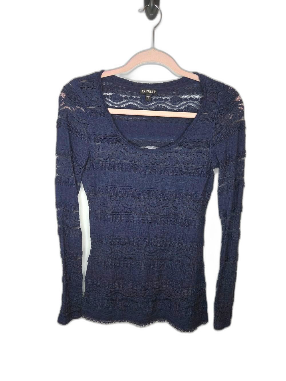 Express Navy Lace Scoop Neck Long Sleeve Top